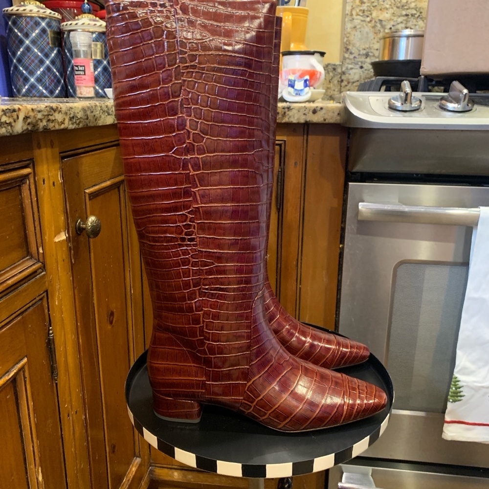Veronica Beard Sepia Croc-Embossed Heeled Boots Size 11M/42